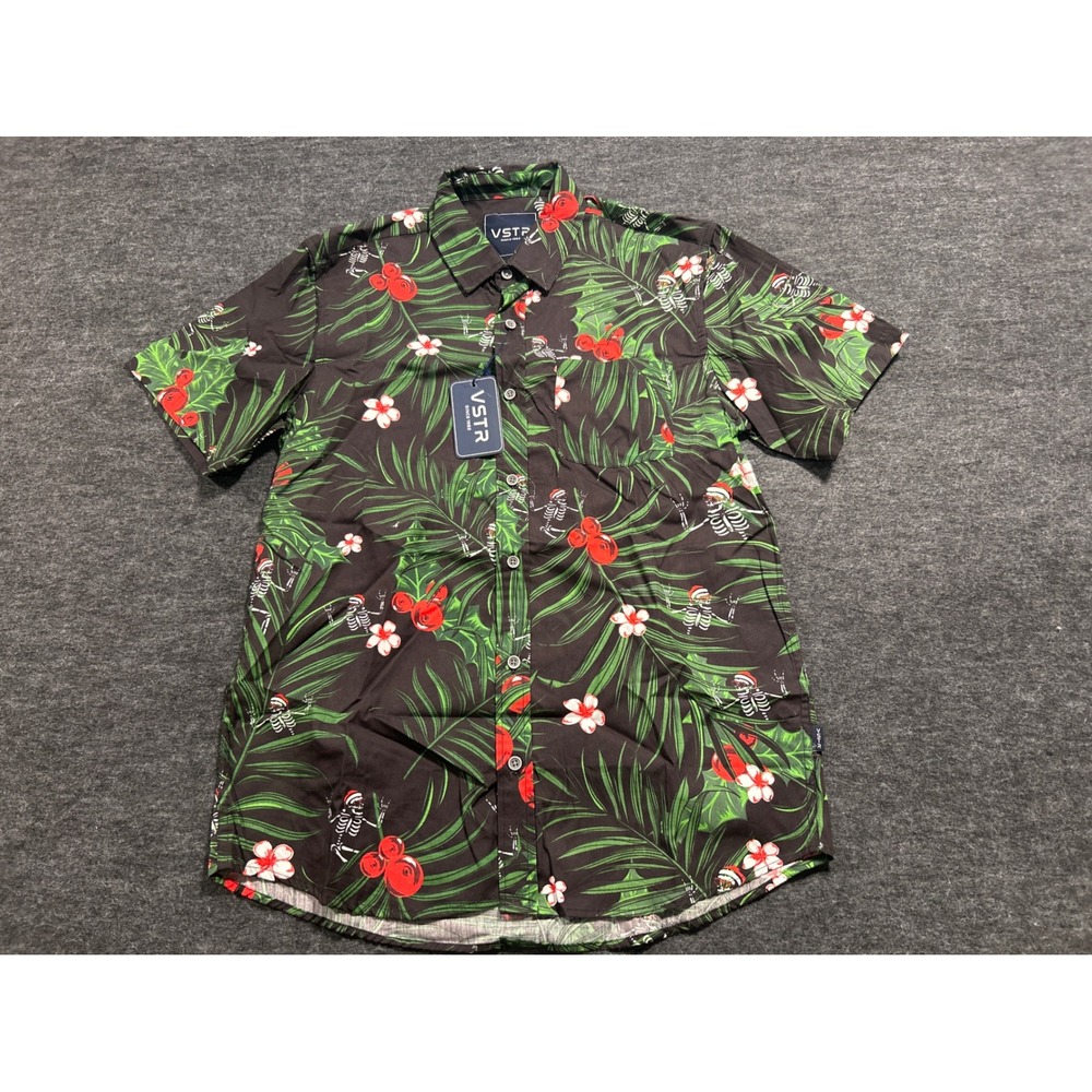 VSTR Button Down Shirt Mens Medium Black New Tropical Skeleton Santa Christmas